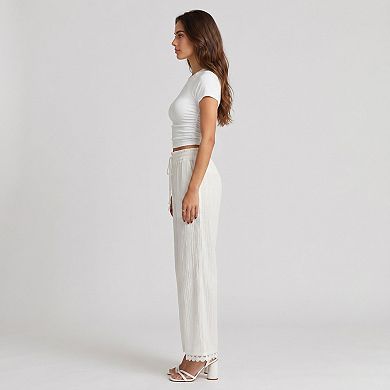 Women's White Crinkle Wide Leg Pants Elastic Drawstring Waist Lace Trim Boho Trousers
