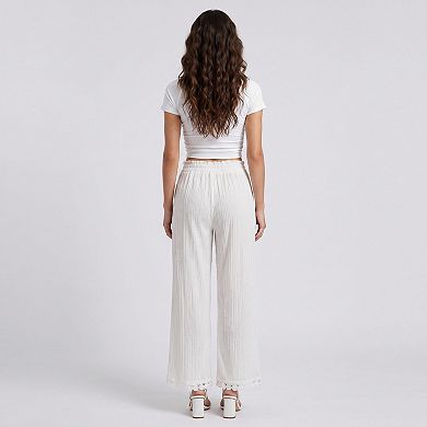 Women's White Crinkle Wide Leg Pants Elastic Drawstring Waist Lace Trim Boho Trousers