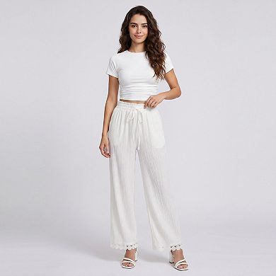 Women's White Crinkle Wide Leg Pants Elastic Drawstring Waist Lace Trim Boho Trousers