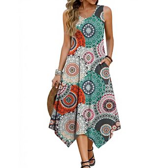 Zeagoo Women Sleeveless Crew Neck Hankerchief Midi Dress Hawaiian Beach Vacation Dress with Pockets