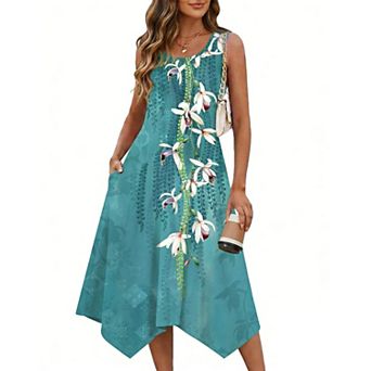 Zeagoo Women Sleeveless Crew Neck Hankerchief Midi Dress Hawaiian Beach Vacation Dress with Pockets