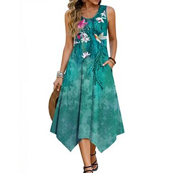 Zeagoo Women Sleeveless Crew Neck Hankerchief Midi Dress Hawaiian Beach Vacation Dress with Pockets