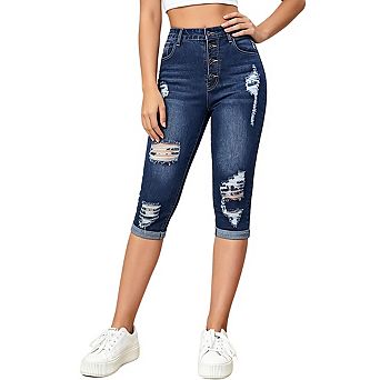 Womens High Waist Button Distressed Denim With Rolled Cuff And Slim Fit Pants