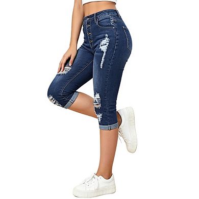Womens High Waist Button Distressed Denim With Rolled Cuff And Slim Fit Pants