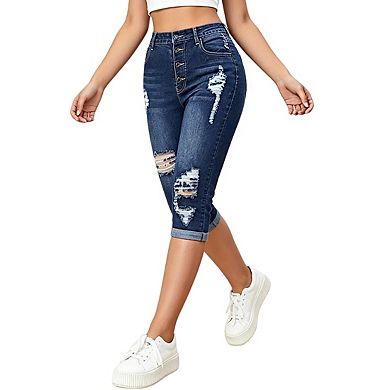 Womens High Waist Button Distressed Denim With Rolled Cuff And Slim Fit Pants