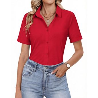 Zeagoo Womens Short Sleeve Fitted Button Down Shirts Office Business Casual Work Blouses