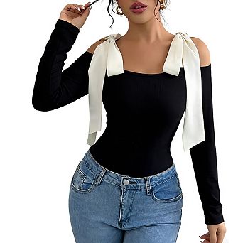 Womens Cold Shoulder Long Sleeve Top Contrast Bow Detail Fitting Shirts