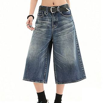 Womens High Waist Wide Leg Denim Shorts Frayed Raw Hem Casual Jeans