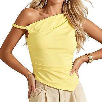 Womens One Shoulder Asymmetric Top Ruched Side Diagonal Hem Casual Top