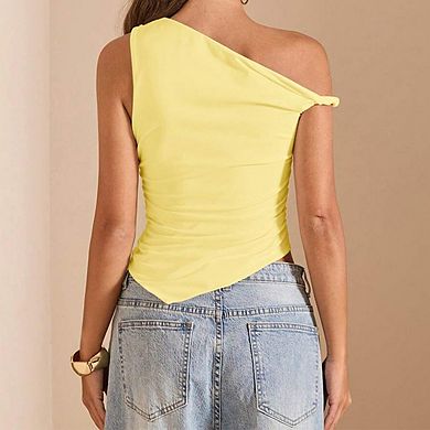 Womens One Shoulder Asymmetric Top Ruched Side Diagonal Hem Casual Top