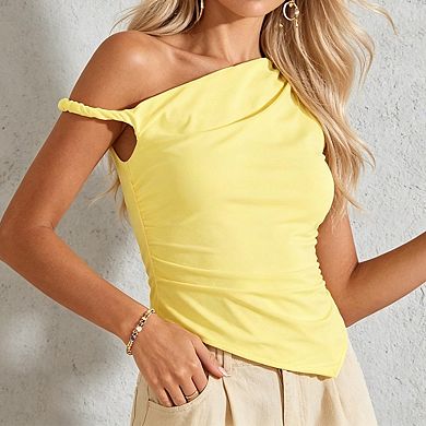 Womens One Shoulder Asymmetric Top Ruched Side Diagonal Hem Casual Top
