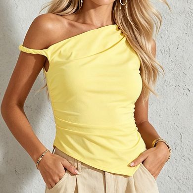 Womens One Shoulder Asymmetric Top Ruched Side Diagonal Hem Casual Top