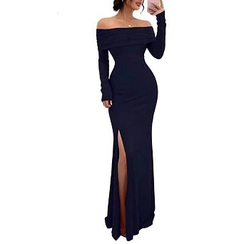 Women's Elegant Off The Shoulder Bodycon Long Sleeve Maxi Side Split Mesh Wedding Formal Dresses