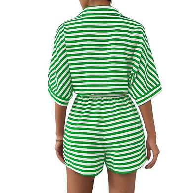 Womens Summer Casual Striped Rompers Short Sleeve Button Down Belted Elastic Waist Short Jumpsuits