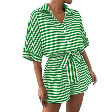 Womens Summer Casual Striped Rompers Short Sleeve Button Down Belted Elastic Waist Short Jumpsuits