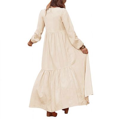 Women's V-Neck Long Sleeve Loose Fit Flowy Boho Maxi Dress with Pockets and Buttons