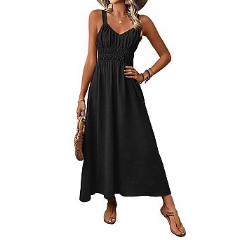 Women's V Neck Sleeveless Maxi Smocked Waist Back Bow Flowy A Line Casual Dress for Vacation Wear