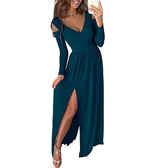 Women's Bridesmaid Split Maxi Elegant Cold Shoulder Dress Long Sleeve Ruched Bodycon Dresses