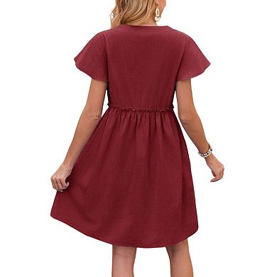 Women's Casual Summer Ruffle Sleeves V-Neck Button Down Midi Swing Party Dresses with Pockets