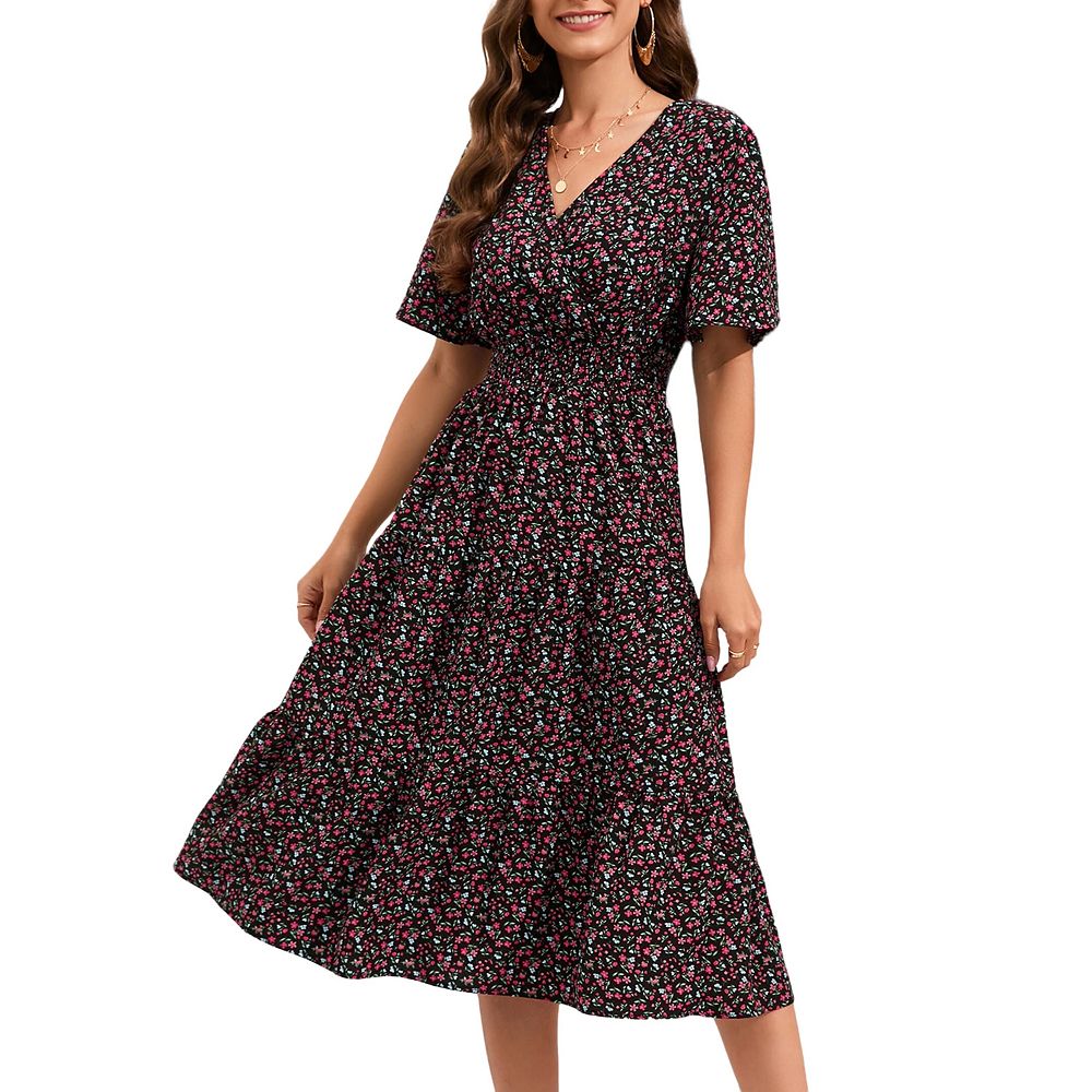 Women's Wrap V Neck Short Sleeve Smocked Waist Tiered Pleated A Line ...