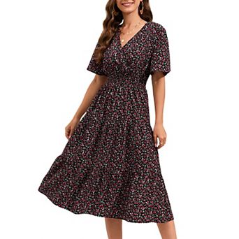 Women's Wrap V Neck Short Sleeve Smocked Waist Tiered Pleated A Line Flowy Midi Dresses