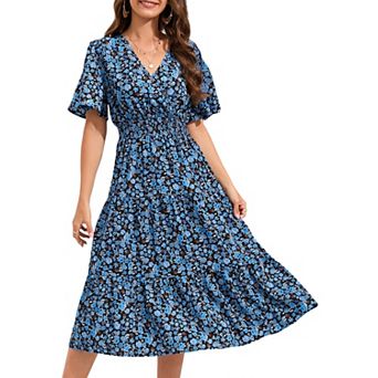 Women's Wrap V Neck Short Sleeve Smocked Waist Tiered Pleated A Line Flowy Midi Dresses