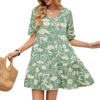 Womens Casual Summer V Neck Short Sleeve Loose Shift Mini Dresses