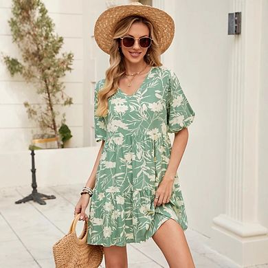 Womens Casual Summer V Neck Short Sleeve Loose Shift Mini Dresses