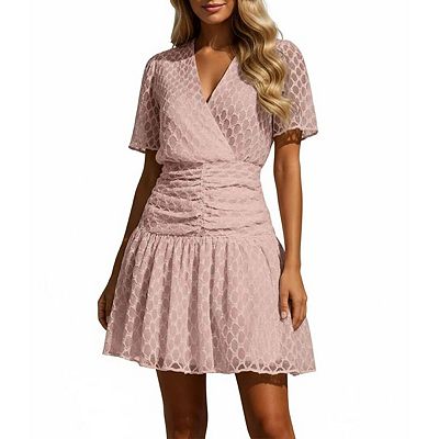 casual mini beach dresses for women V Neck Ruched Short Sleeve Elegant Evening Party Boho Vacation or relaxed gatherings Style:BR0448D gienakse Girl's Satin Gowns, Sizes:18