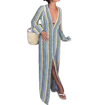 Womens Crochet Bell Long Sleeve V Neck Maxi Dress Boho Eyelet Long Sundresses Beach Slit Cover Up