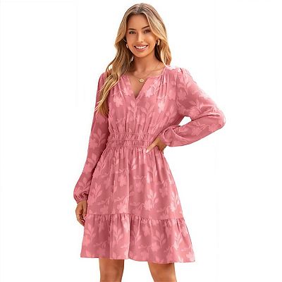 fall mini dresses Womens Long Sleeve Dress Casual A Line Flowy Loose Vacation Party Babydoll Short Breezy chiffon material with an abstract floral print featuring brown Falling For You Floral Mini