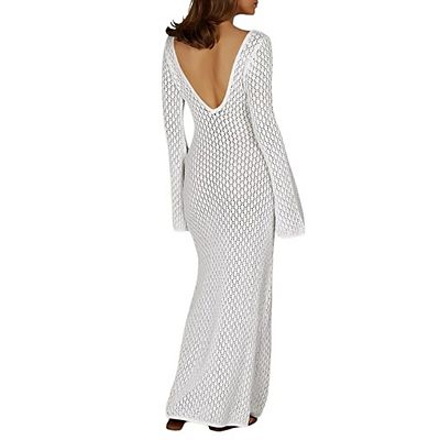 crochet long sleeve maxi beach dress Women's Rust Crochet Tassel Hem Maxi Beach Dress
