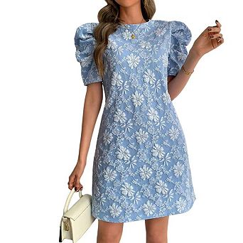 Women's Elegant Floral Jacquard Dress, Puff Sleeve Lightweight Shift Mini Dresses for Summer Casual