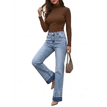 Women's High Waist Patchwork Straight Leg Jeans, Distressed Denim Pants with Raw Hem