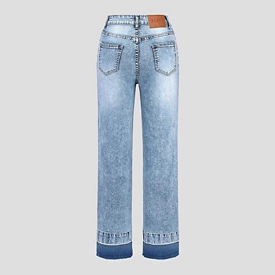 Women's High Waist Patchwork Straight Leg Jeans, Distressed Denim Pants with Raw Hem