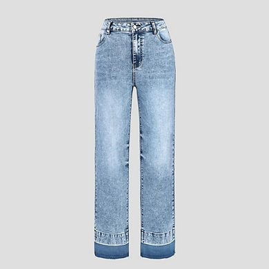 Women's High Waist Patchwork Straight Leg Jeans, Distressed Denim Pants with Raw Hem