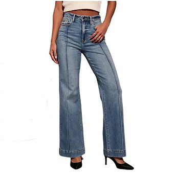 Women's High Waist Stretch Jeans, Slim Fit Wide Leg with Washed Distressing for Daily Casual Wear