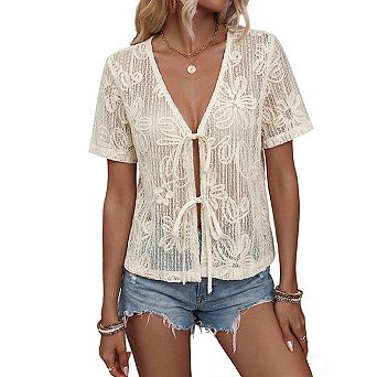 Women Lace Short Sleeve Blouse v Neck Tie Front Tops Casual Hollow Out Shirt for Beach or Daily Wear