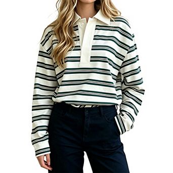 Women Striped Polo Collar Long Sleeve Shirt Loose Fit Casual Pullover Stripe Blouse Top