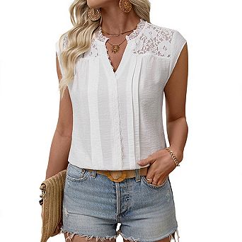 Women Lace Short Sleeve Summer Pleated Tops Casual v Neck Shirt Elegant Lightweight Blouses