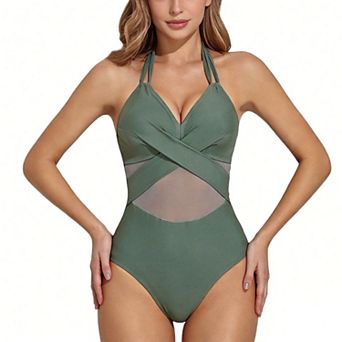 Women's Basic Halter One Piece Swimsuit, Mesh Panel Front Modest Beach Swimwear