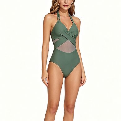 Women's Basic Halter One Piece Swimsuit, Mesh Panel Front Modest Beach Swimwear