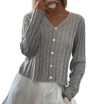 Women v Neck Ribbed Knit Cardigan Long Sleeve Open Front Button Down Casual Lightweight Sweater Coat