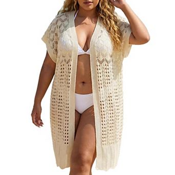 Women Plus Size Open FrontSwimsuit Crochet Beach Cover Up Short Sleeve Kimono Casual Cardigans