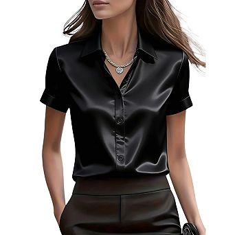 Satin Blouses for Women Silk Button Down Shirts Short Sleeve Business Casual Tops