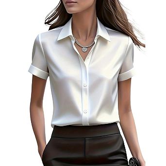 Satin Blouses for Women Silk Button Down Shirts Short Sleeve Business Casual Tops