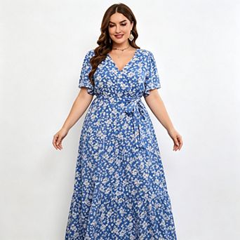 Plus Size Women Dress Maxi Floral Tiered Waist Tie Dresses Short Sleeve V Neck Summer Causal Dress