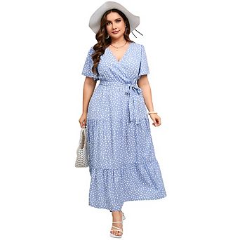Plus Size Women Dress Maxi Floral Tiered Waist Tie Dresses Short Sleeve V Neck Summer Causal Dress