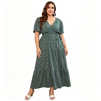 Plus Size Women Dress Maxi Floral Tiered Waist Tie Dresses Short Sleeve V Neck Summer Causal Dress