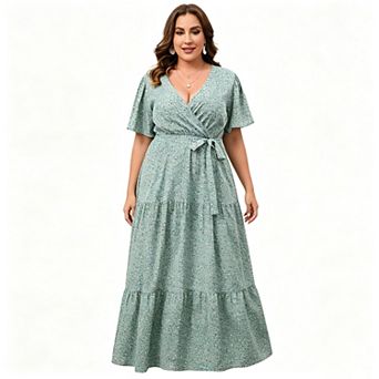 Plus Size Women Dress Maxi Floral Tiered Waist Tie Dresses Short Sleeve V Neck Summer Causal Dress